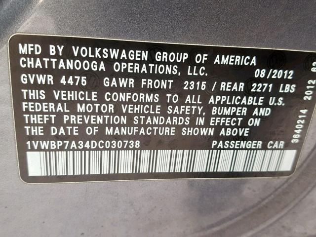 1VWBP7A34DC030738 - 2013 VOLKSWAGEN PASSAT SE GRAY photo 10