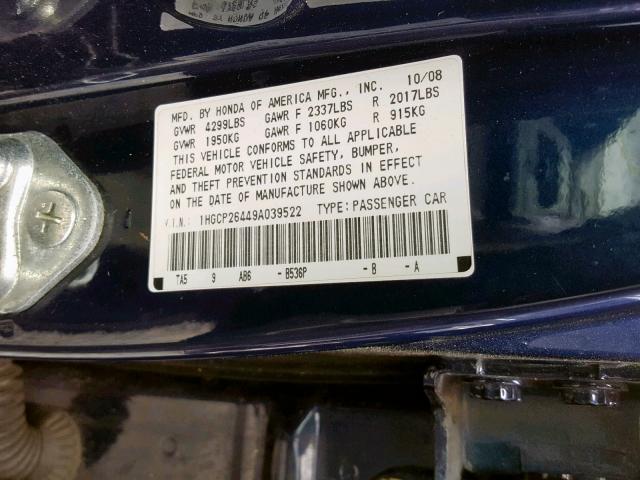 1HGCP26449A039522 - 2009 HONDA ACCORD LXP BLUE photo 10