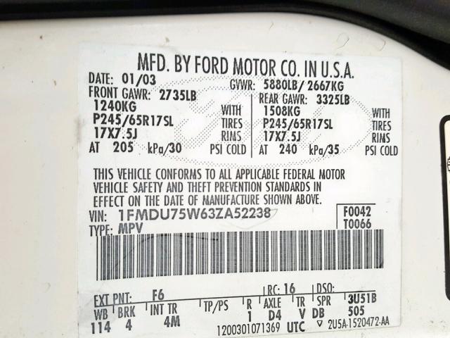 1FMDU75W63ZA52238 - 2003 FORD EXPLORER L WHITE photo 10