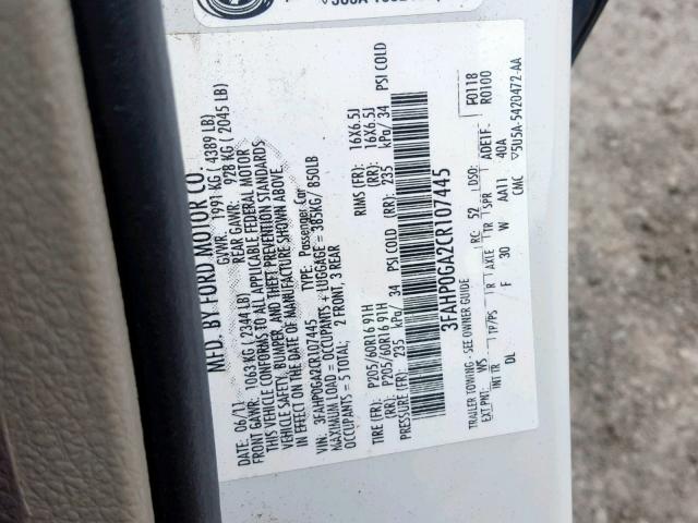 3FAHP0GA2CR107445 - 2012 FORD FUSION S WHITE photo 10