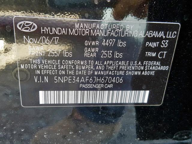 5NPE34AF6JH670406 - 2018 HYUNDAI SONATA SPO BLACK photo 10