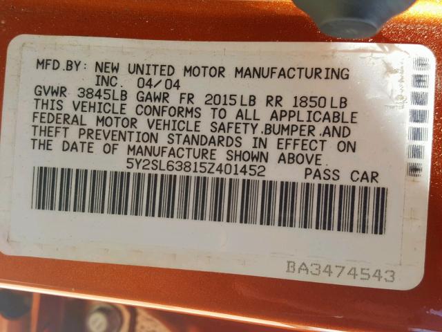 5Y2SL63815Z401452 - 2005 PONTIAC VIBE ORANGE photo 10