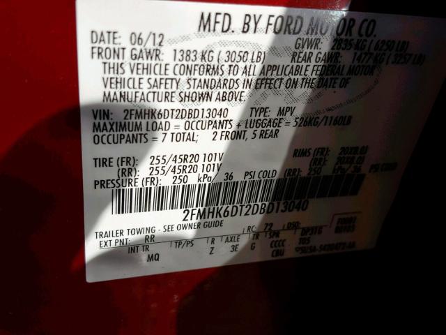 2FMHK6DT2DBD13040 - 2013 FORD FLEX LIMIT RED photo 10