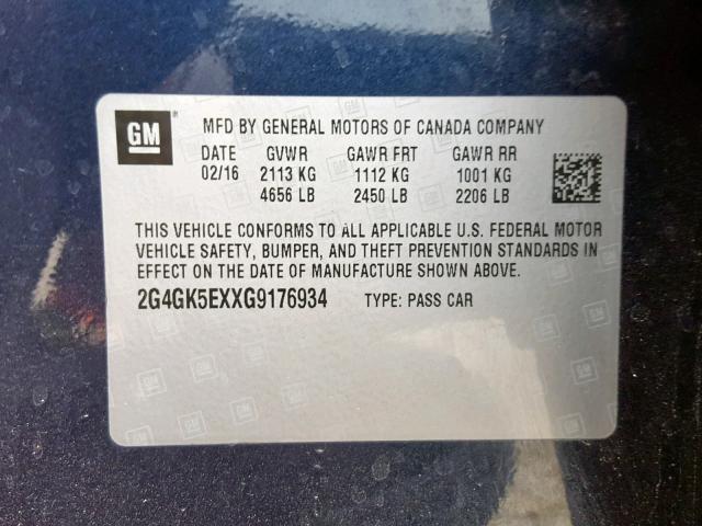 2G4GK5EXXG9176934 - 2016 BUICK REGAL BLUE photo 10