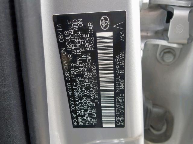 JTDKDTB31E1080271 - 2014 TOYOTA PRIUS C SILVER photo 10