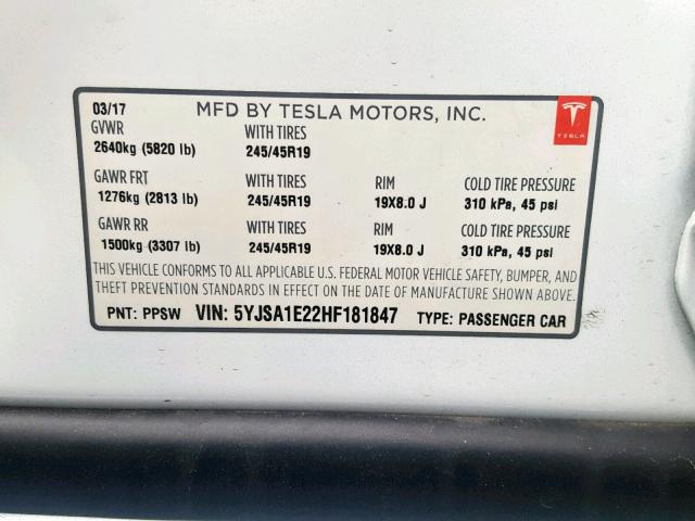 5YJSA1E22HF181847 - 2017 TESLA MODEL S WHITE photo 10