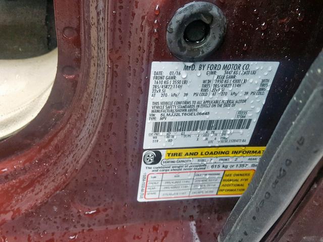 5LMJJ2LT6GEL06645 - 2016 LINCOLN NAVIGATOR 勃艮第红 照片 10