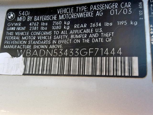 WBADN53433GF71444 - 2003 BMW 540 I SILVER photo 10