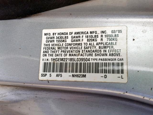 1HGEM22185L039504 - 2005 HONDA CIVIC DX V SILVER photo 10