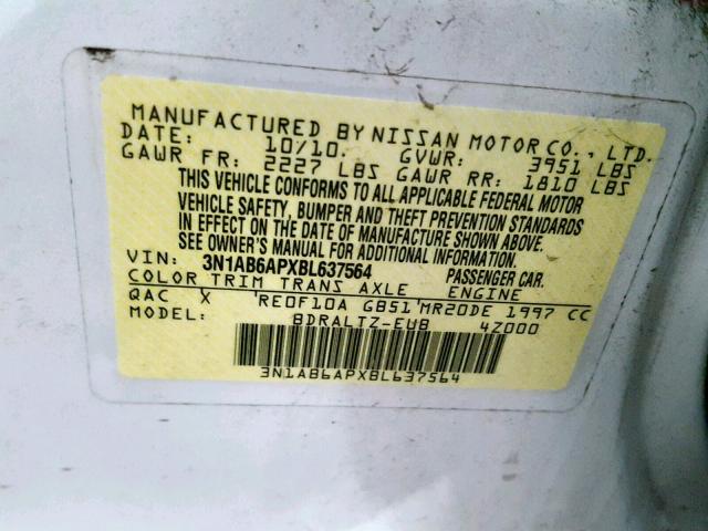 3N1AB6APXBL637564 - 2011 NISSAN SENTRA 2.0 WHITE photo 10