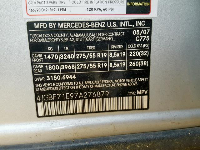 4JGBF71E97A276879 - 2007 MERCEDES-BENZ GL 450 4MA SILVER photo 10