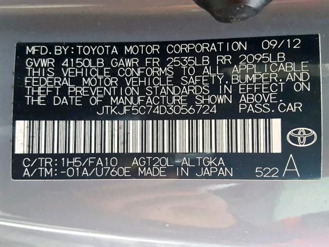 JTKJF5C74D3056724 - 2013 TOYOTA SCION TC ვერცხლისფერი ფოტო 10