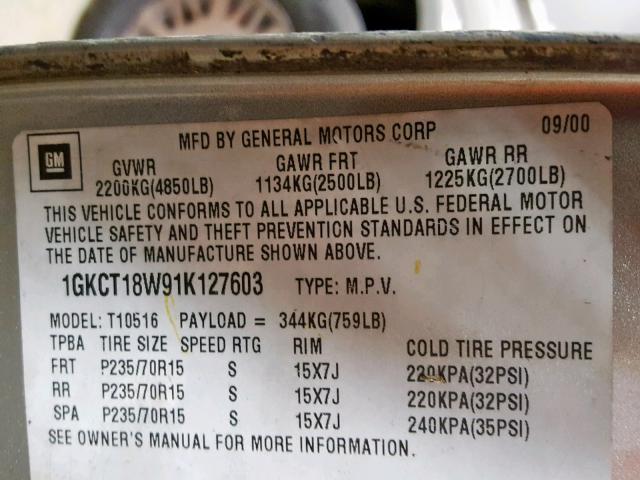 1GKCT18W91K127603 - 2001 GMC JIMMY SILVER photo 10