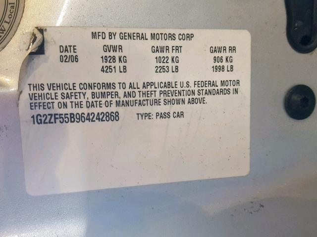 1G2ZF55B964242868 - 2006 PONTIAC G6 SE GRAY photo 10