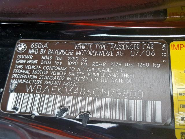 WBAEK13486CN79800 - 2006 BMW 650 I BLACK photo 10