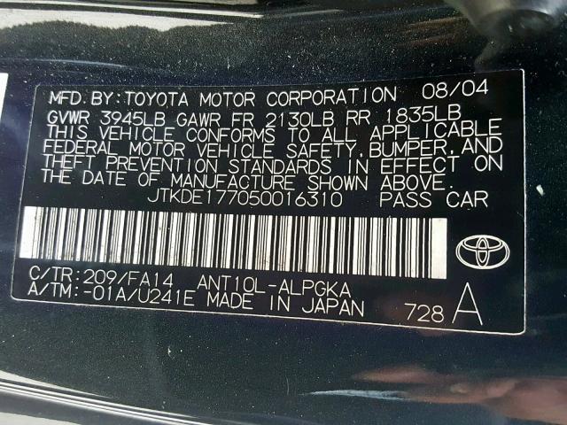 JTKDE177050016310 - 2005 TOYOTA SCION TC შავი ფოტო 10