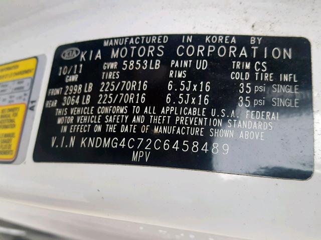 KNDMG4C72C6458489 - 2012 KIA SEDONA LX WHITE photo 10