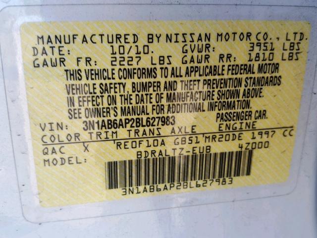 3N1AB6AP2BL627983 - 2011 NISSAN SENTRA 2.0 SILVER photo 10