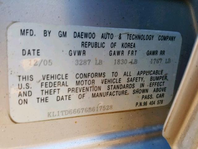 KL1TD66676B617528 - 2006 CHEVROLET AVEO BASE ვერცხლისფერი ფოტო 10