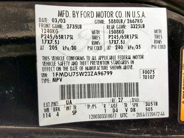 1FMDU75W23ZA96799 - 2003 FORD EXPLORER L BLACK photo 10