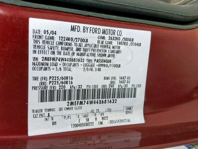 2MEFM74W44X681632 - 2004 MERCURY GRAND MARQ RED photo 10