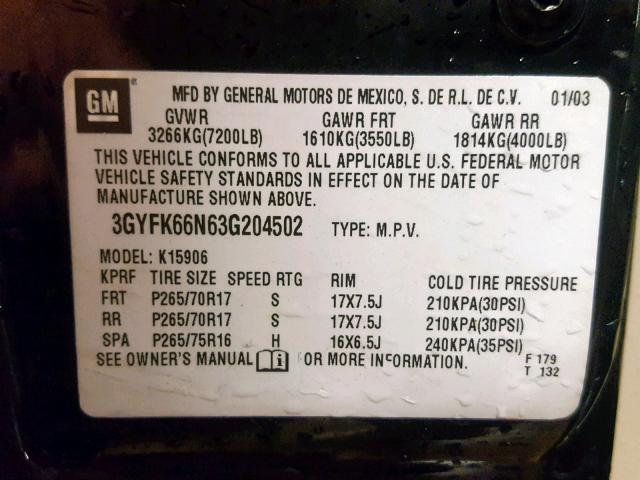 3GYFK66N63G204502 - 2003 CADILLAC ESCALADE E BLACK photo 10