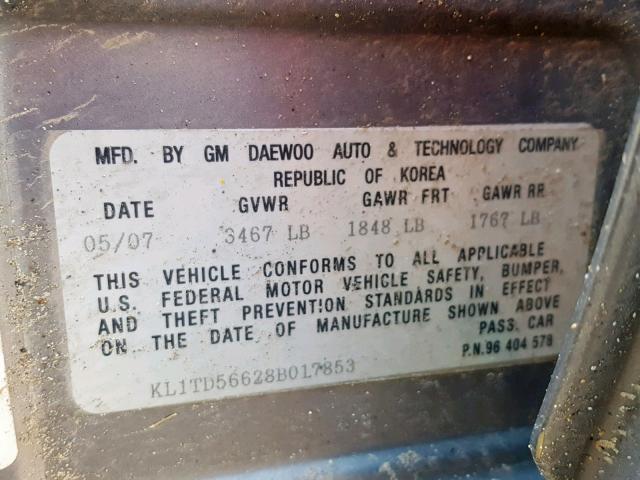 KL1TD56628B017853 - 2008 CHEVROLET AVEO BASE ნაცრისფერი ფოტო 10