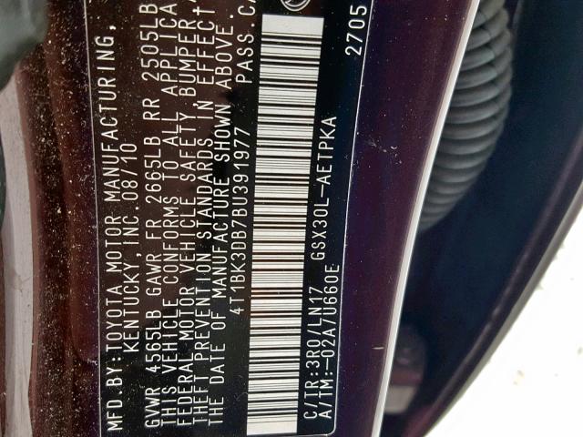 4T1BK3DB7BU391977 - 2011 TOYOTA AVALON BAS BURGUNDY photo 10