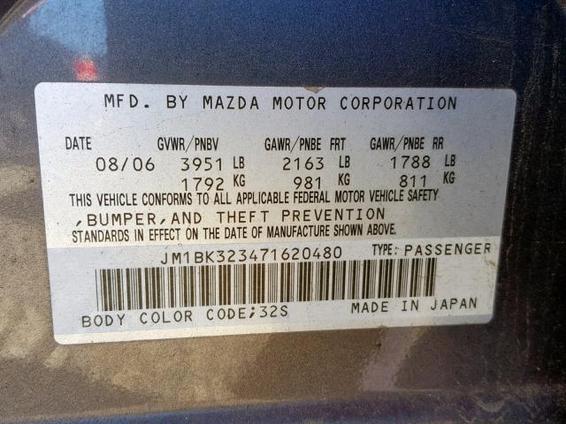 JM1BK323471620480 - 2007 MAZDA 3 S GRAY photo 10