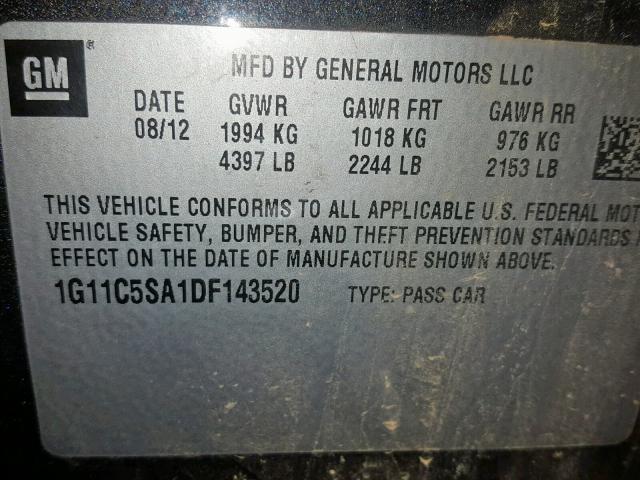 1G11C5SA1DF143520 - 2013 CHEVROLET MALIBU 1LT ლურჯი ფოტო 10
