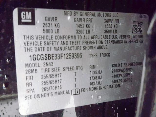 1GCGSBE33F1259396 - 2015 CHEVROLET COLORADO L BLACK photo 10