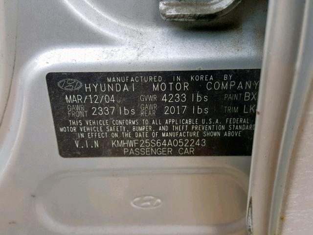 KMHWF25S64A052243 - 2004 HYUNDAI SONATA GL SILVER photo 10