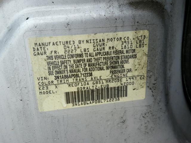 3N1AB6AP0BL712238 - 2011 NISSAN SENTRA 2.0 SILVER photo 10