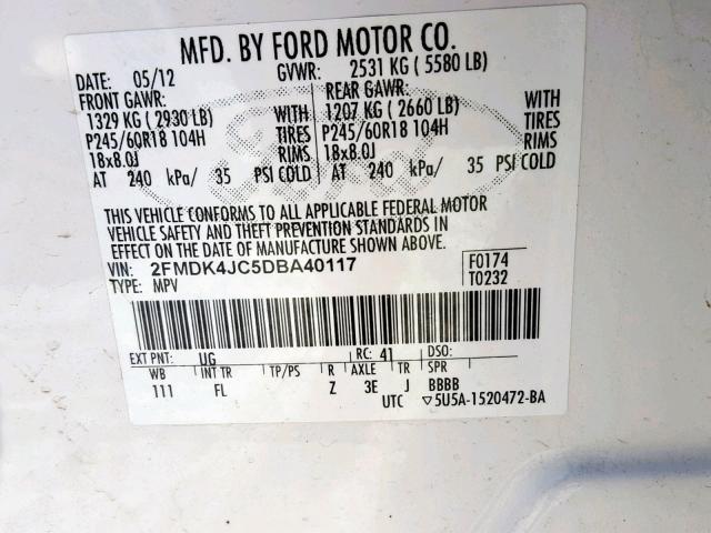 2FMDK4JC5DBA40117 - 2013 FORD EDGE SEL WHITE photo 10