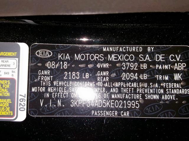 3KPF34AD5KE021995 - 2019 KIA FORTE GT L BLACK photo 10