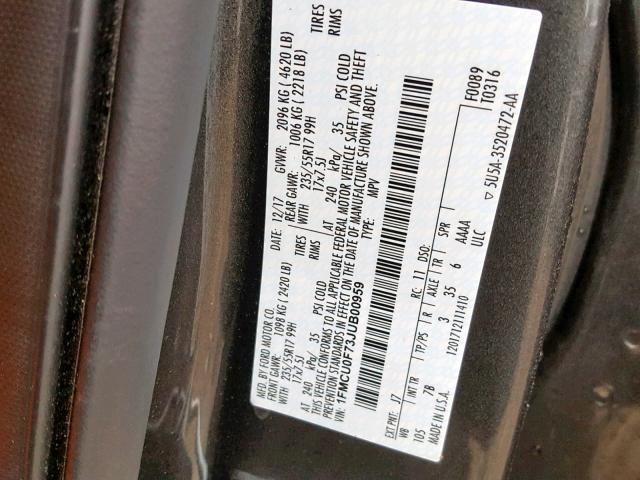 1FMCU0F73JUB00959 - 2018 FORD ESCAPE S GRAY photo 10