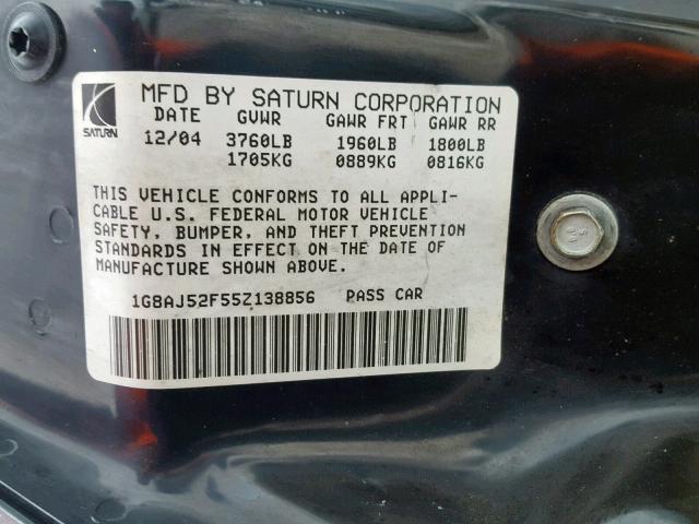 1G8AJ52F55Z138856 - 2005 SATURN ION LEVEL GRAY photo 10