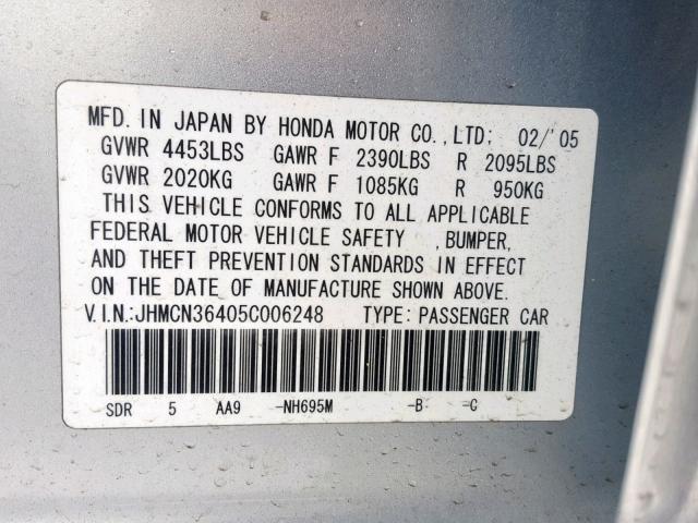 JHMCN36405C006248 - 2005 HONDA ACCORD HYB SILVER photo 10