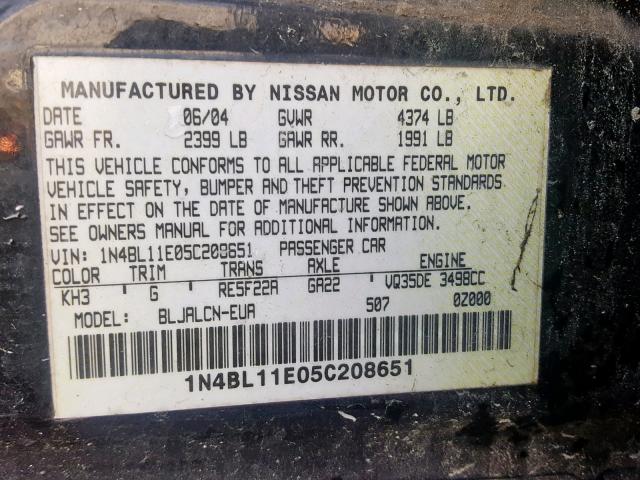 1N4BL11E05C208651 - 2005 NISSAN ALTIMA SE BLACK photo 10