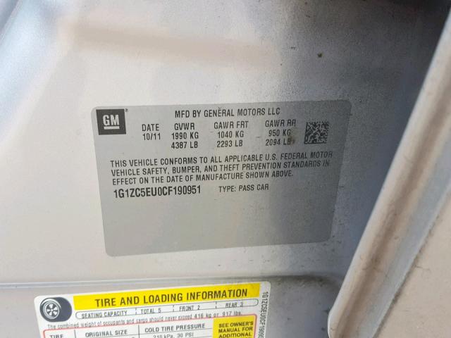 1G1ZC5EU0CF190951 - 2012 CHEVROLET MALIBU 1LT SILVER photo 10