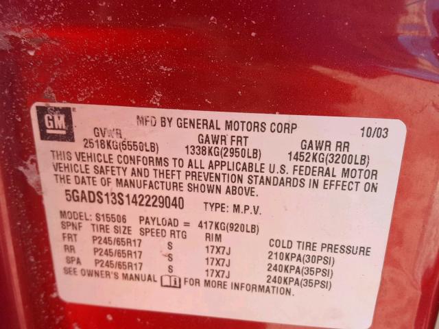 5GADS13S142229040 - 2004 BUICK RAINIER CX RED photo 10