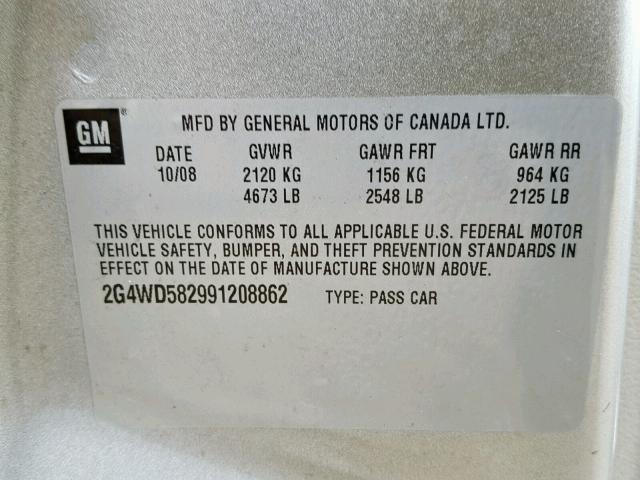 2G4WD582991208862 - 2009 BUICK LACROSSE C SILVER photo 10