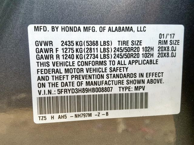 5FRYD3H89HB008807 - 2017 ACURA MDX ADVANC GRAY photo 10