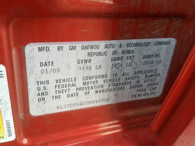 KL1TD66E29B645930 - 2009 CHEVROLET AVEO LS RED photo 10