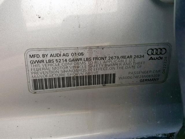 WAUDG74F25N089209 - 2005 AUDI A6 3.2 QUA SILVER photo 10