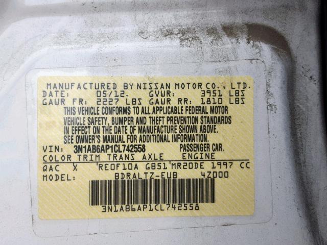 3N1AB6AP1CL742558 - 2012 NISSAN SENTRA 2.0 WHITE photo 10