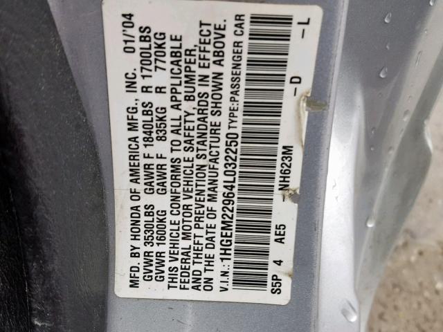 1HGEM22964L032250 - 2004 HONDA CIVIC EX SILVER photo 10