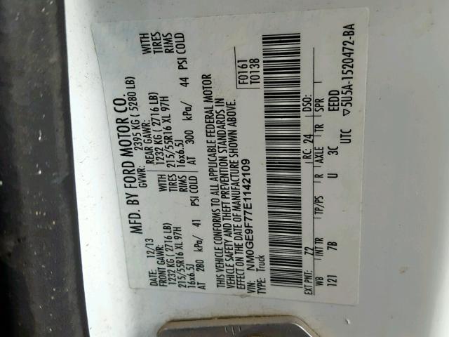 NM0GE9F77E1142109 - 2014 FORD TRANSIT CO WHITE photo 10