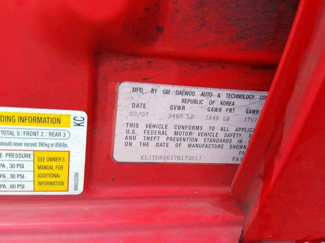 KL1TD56617B173011 - 2007 CHEVROLET AVEO BASE Қызыл фото 10