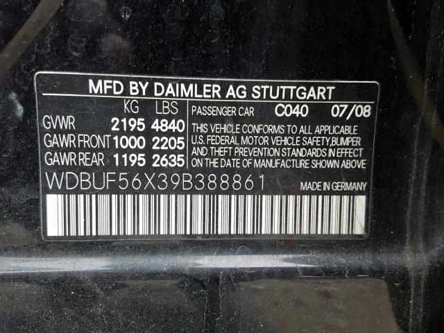 WDBUF56X39B388861 - 2009 MERCEDES-BENZ E 350 BLACK photo 10